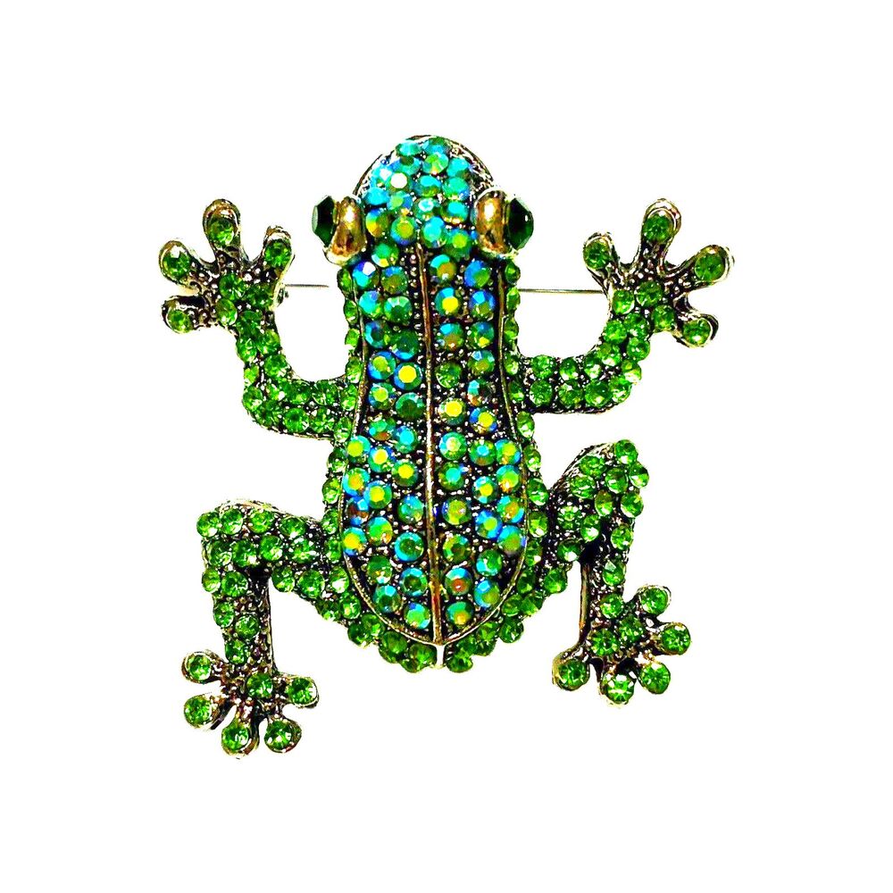 Pin Brooch Speckled Green Frog Enamel Rhinestones Jewelry NEW with Gift Box